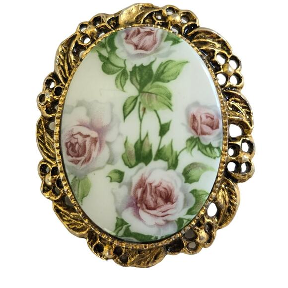 Vintage Rose Brooch Pendant Antiqued Gold Tone Filigree Cottagecore Victorian - Picture 1 of 9